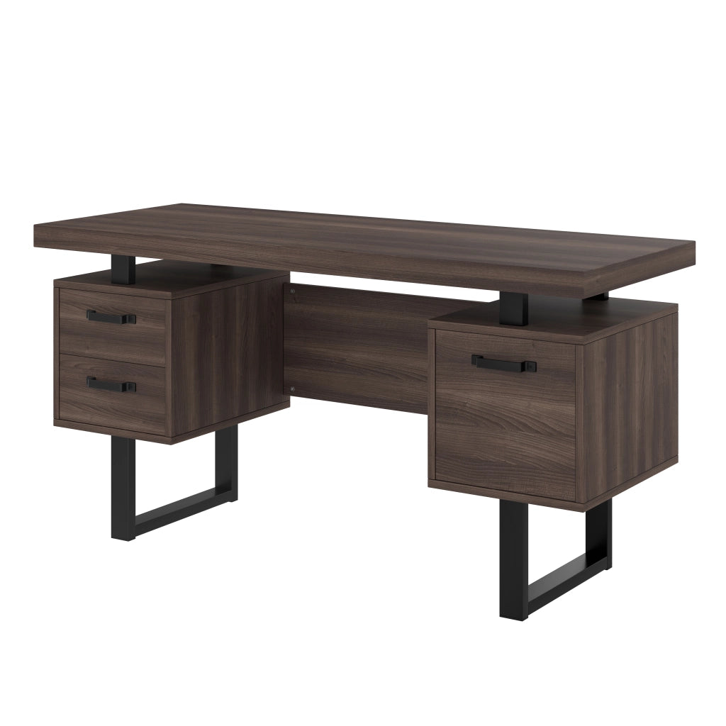 Scrivania lineare con 2 cassetti e vano per raccoglitori, in MDF e metallo, per ufficio, marrone, 135 × 54 cm