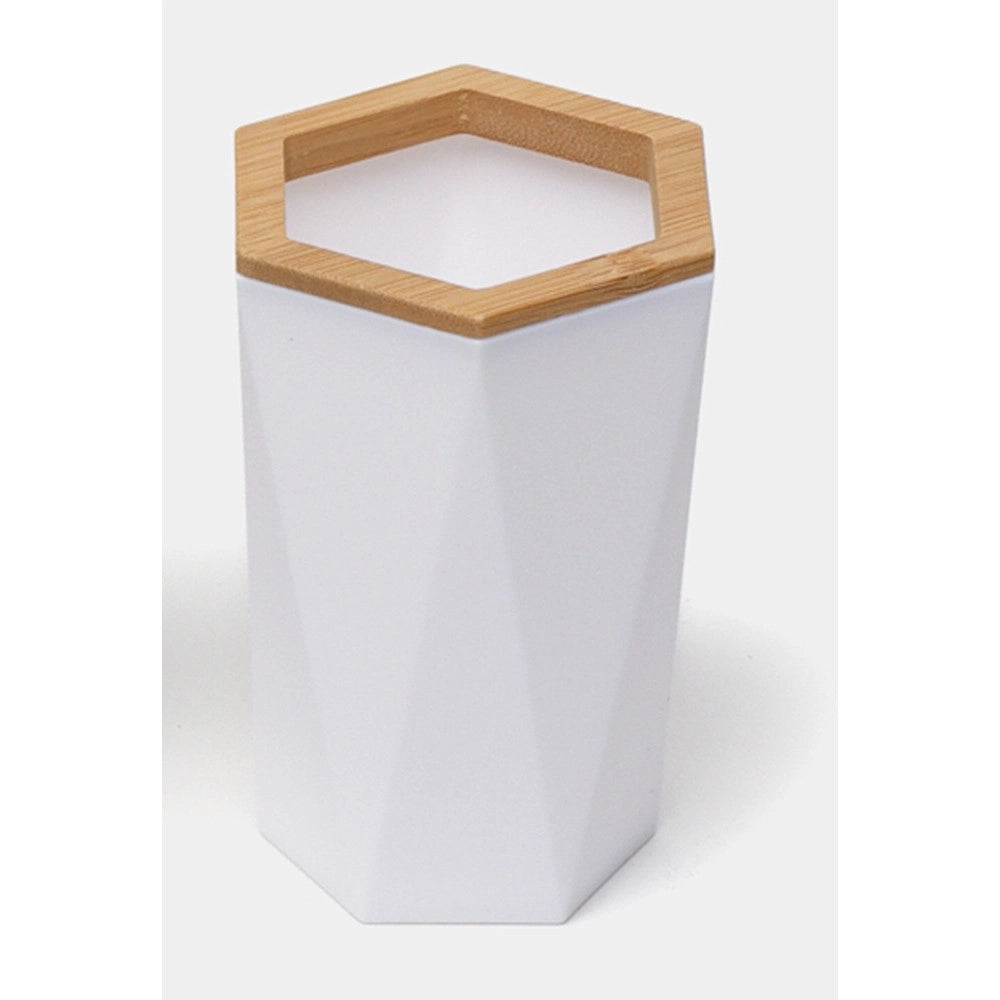 Trade Shop - Bicchiere Porta Spazzolini A Cilindro Esagonale Geometrico Bianco Legno Da Bagno 10837 -