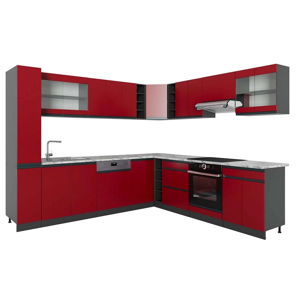 Cucina angolare completa R-Line Rosso/Antracite 277 x 257 cm J-Shape, PL Marmo Vicco