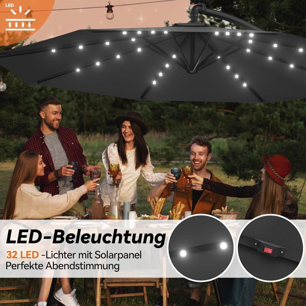 Ombrellone a LED solare, 300 cm, con manovella, in alluminio, ombrellone da giardino, balcone, con supporto, protezione dai raggi UV, terrazza, giardino, spiaggia, grigio scuro