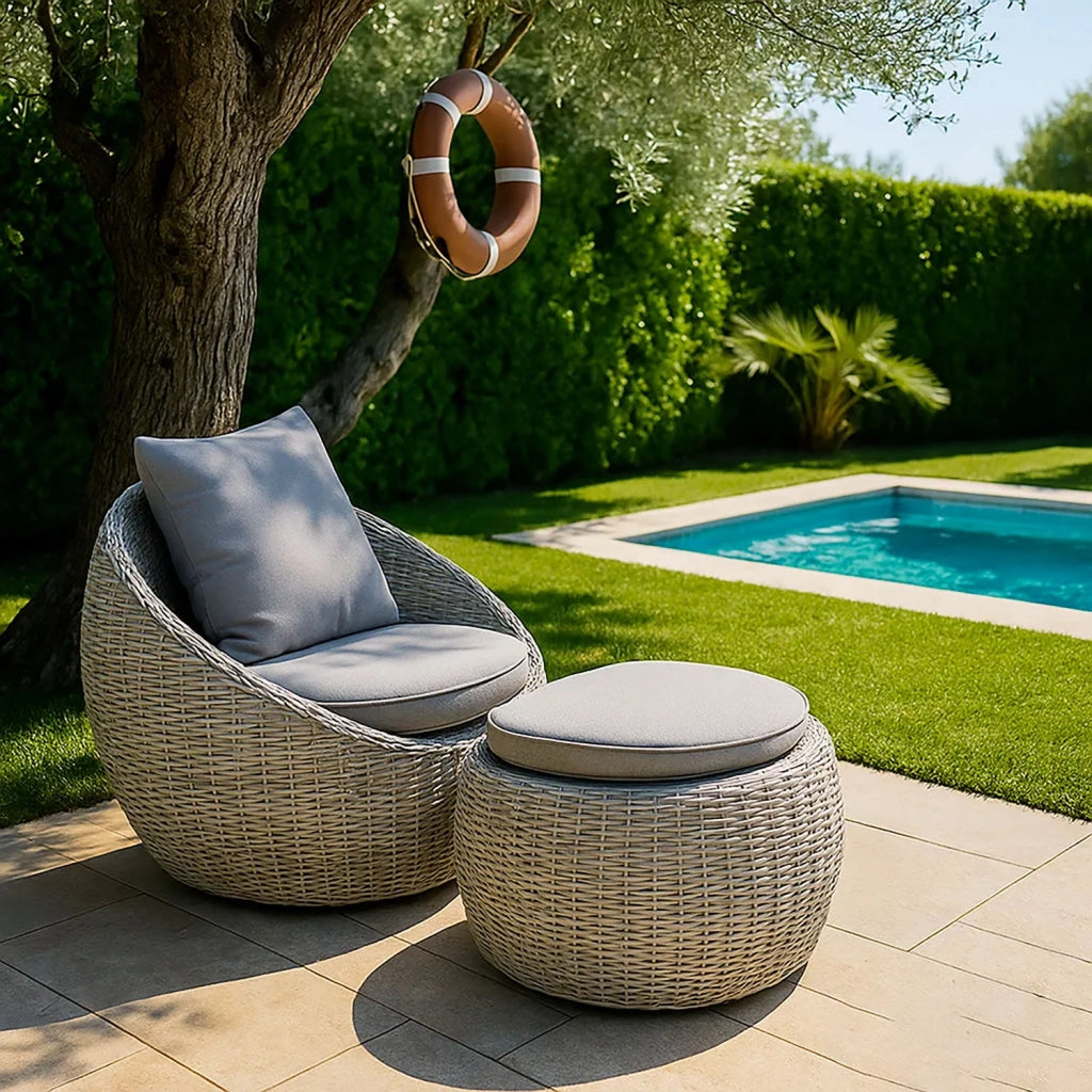 Pouf da Giardino Santorini 68x57x35 cm in Polyrattan Grigio