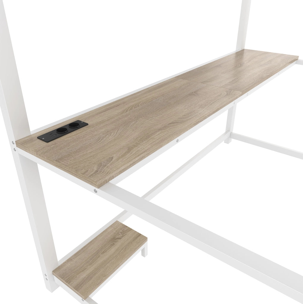 Letto a soppalco 140x200 cm in metallo e MDF con scrivania; LED; presa USB; bianco