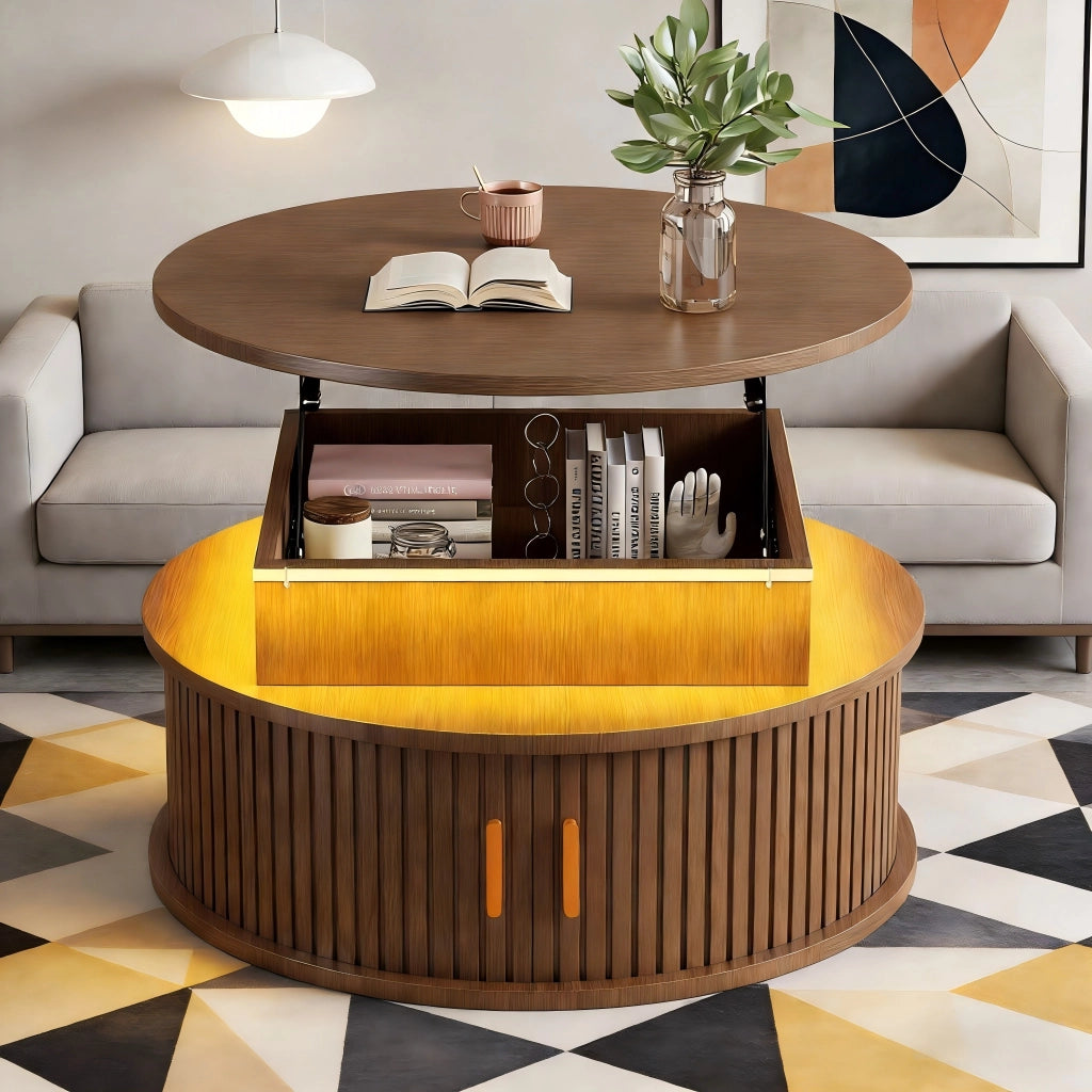 Tavolino basso sollevabile rotondo con LED e vano contenitore in MDF color noce per soggiorno 75 × 75 × 52 cm