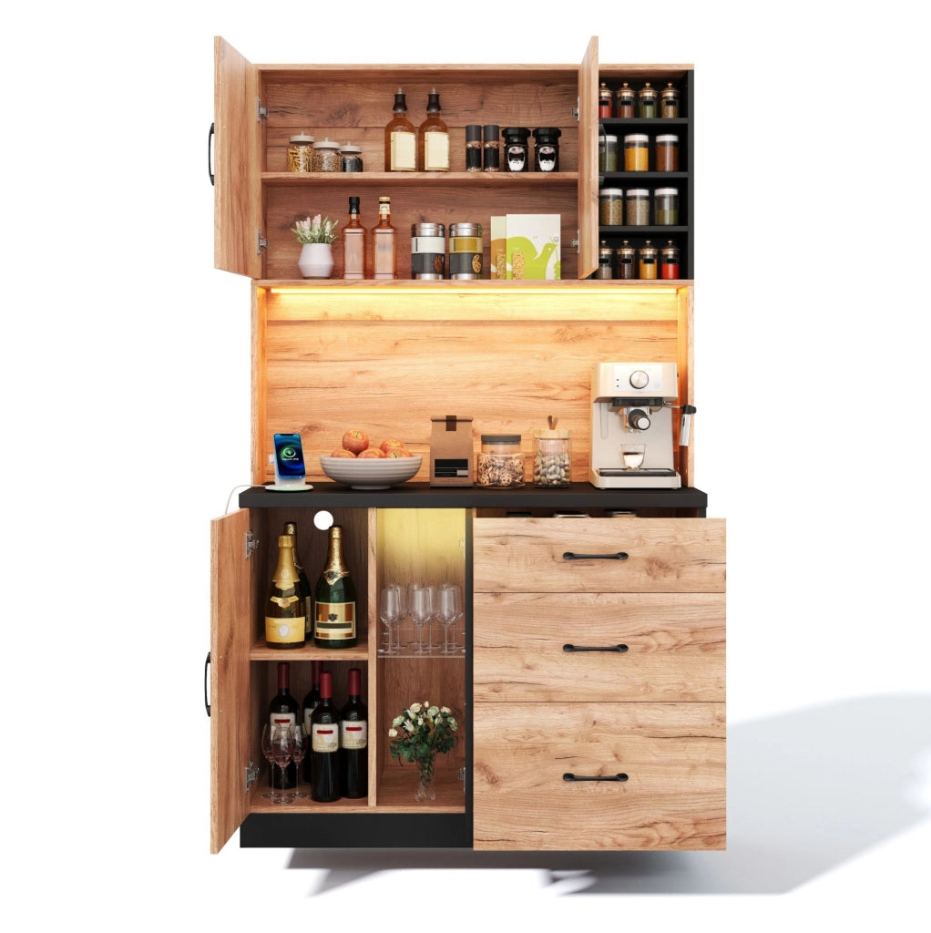Credenza alta da cucina 105x40x180 cm in MDF; finitura effetto legno e nero con LED e prese EU