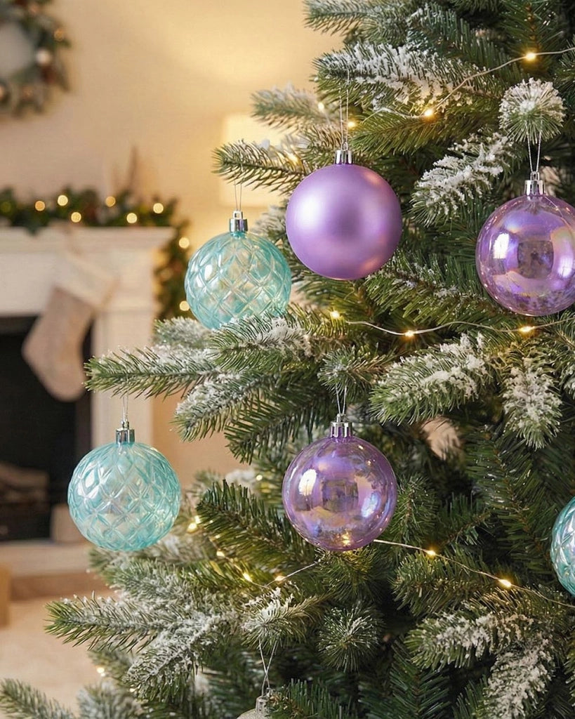 Set di 24 palline di Natale in plastica viola Decorazioni da appendere Palline di Natale in stile moderno Effetto olografico