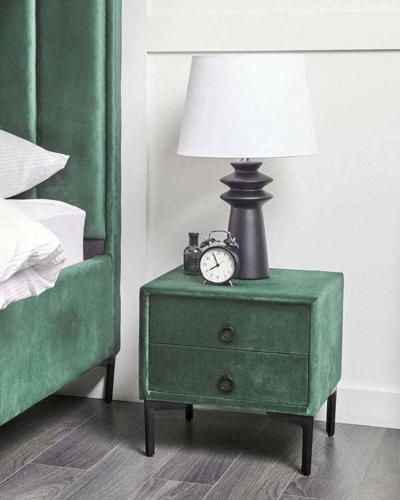 Comodino Velluto Verde Scuro Gambe in Metallo Nero con 2 Cassetti Contenitori 44x 38 cm Comodino