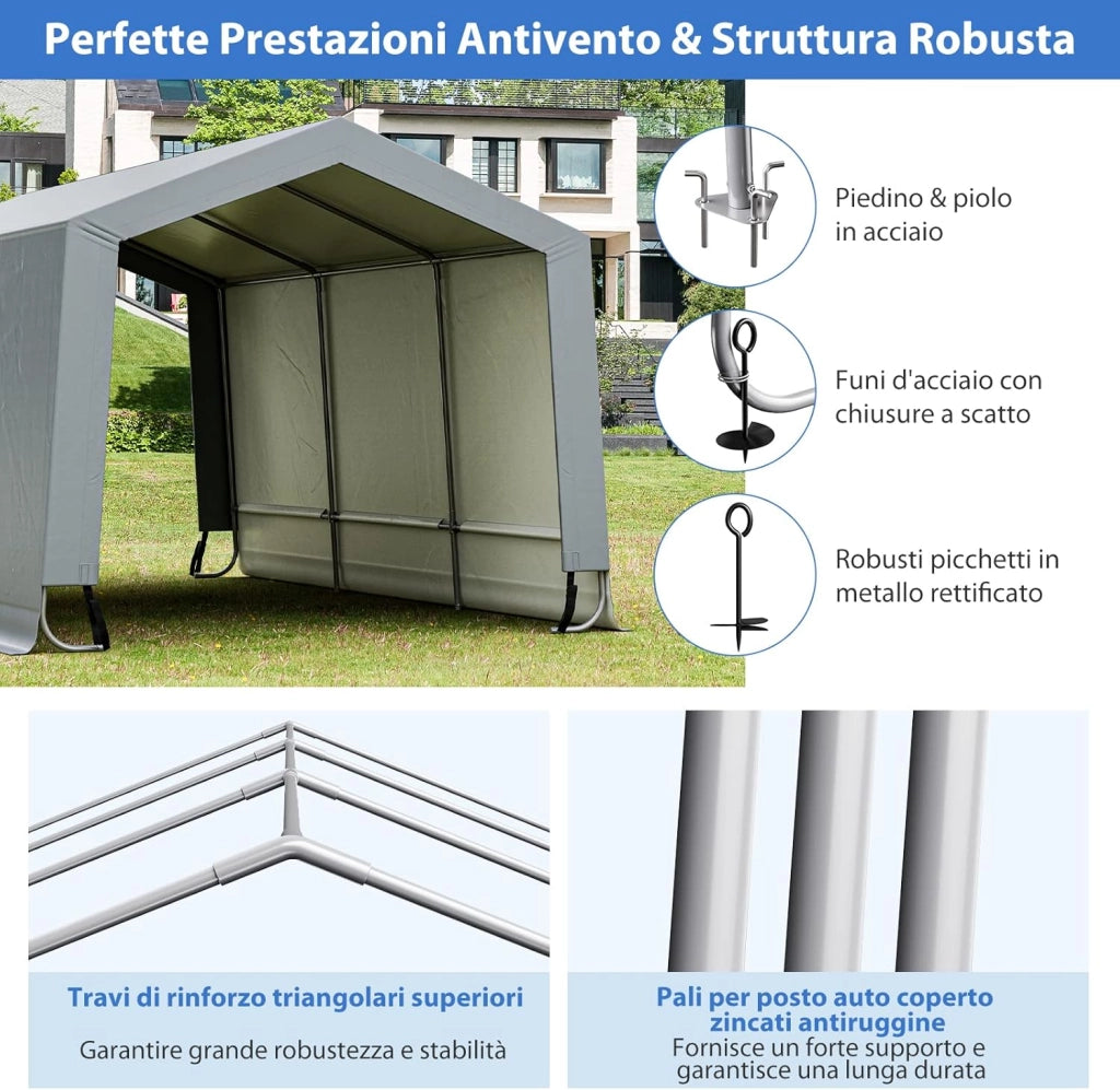 Tendone Garage 2,9 x 4,9 m, Telaio in Acciaio Zincato, Travi Triangolari Rinforzate, per Auto, Moto, Biciclette, Carico e Evento all'aperto, Grigio