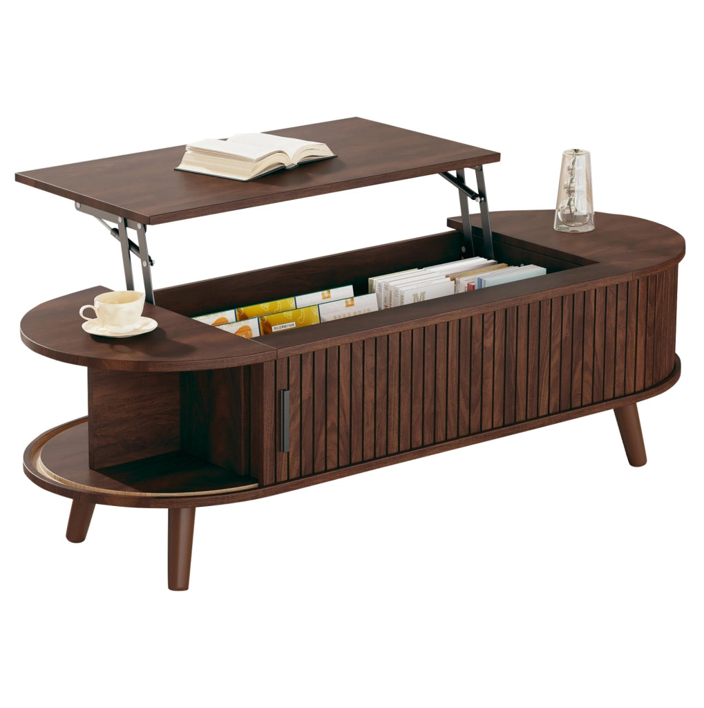 Tavolino da salotto sollevabile 120 x 50 x 39;5 cm in MDF; colore noce con vano portaoggetti