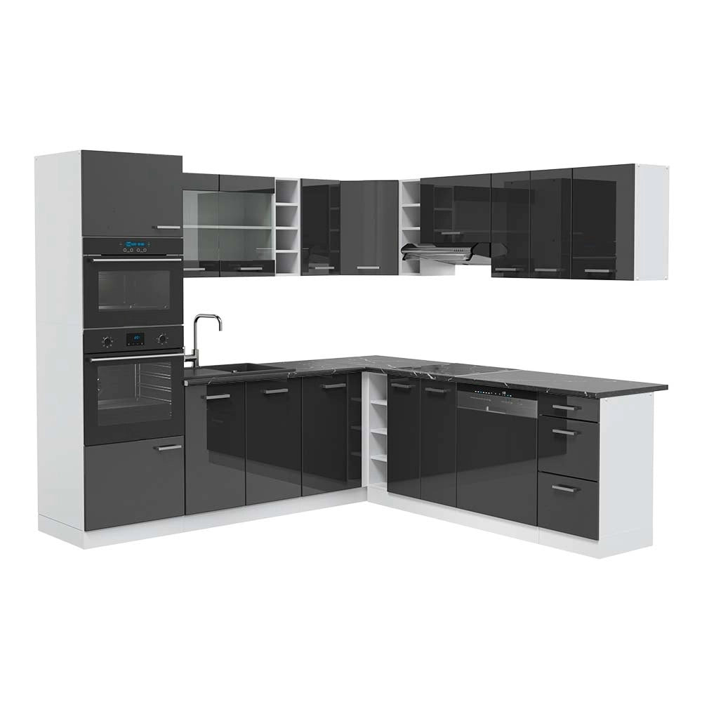 Cucina angolare completa R-Line Antracite lucido/Bianco 247 x 237 cm, PL Antracite Vicco