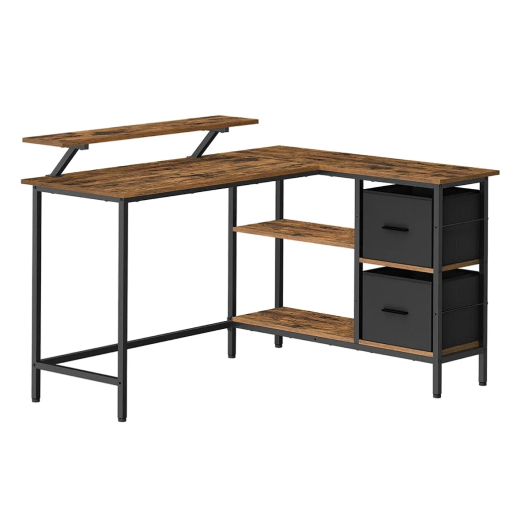 Scrivania a L con 2 ampi cassetti 105 x 135 x 89,5 cm scrivania da gioco con supporto per monitor scrivania angolare scrivania per computer con ripiano regolabile marrone 12_0004617