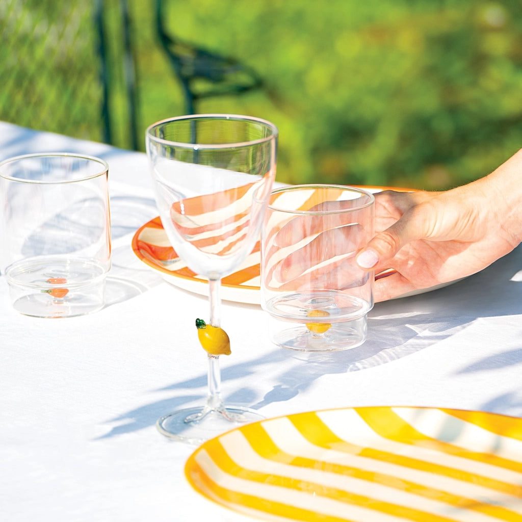 Zafferano Calice Teca Frutta in vetro borosilicato con decoro Arancia nel gambo, lavorazione artigianale per tavole eleganti e vivaci - Set 1 pezzo