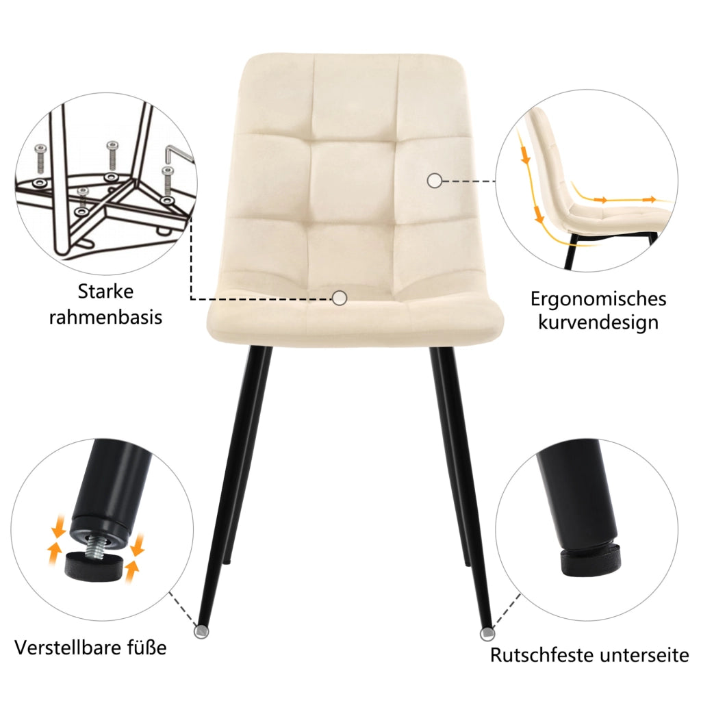 Set di 4 sedie da pranzo imbottite in velluto Antique White; 44x41x86 cm; con gambe in metallo