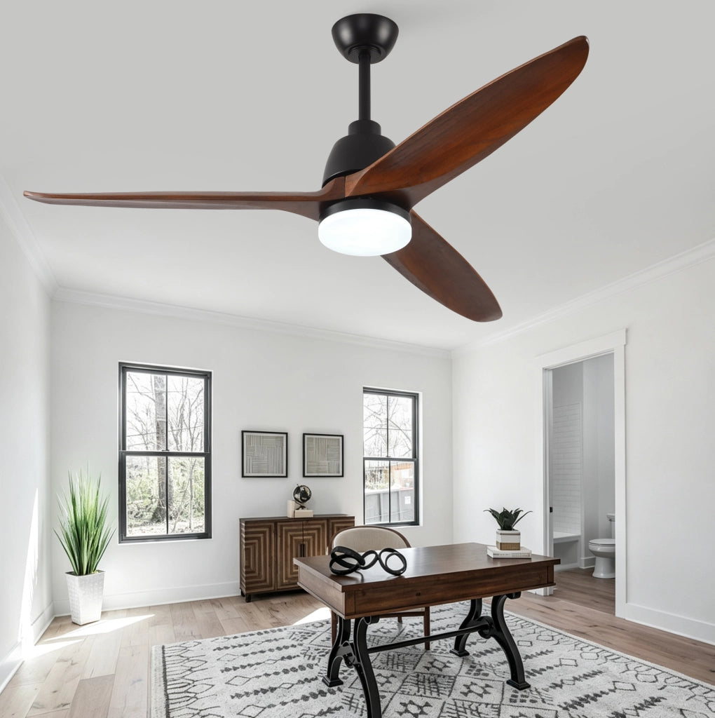 Ventilatore a soffitto 52" con luce LED dimmerabile e telecomando, legno noce e nero