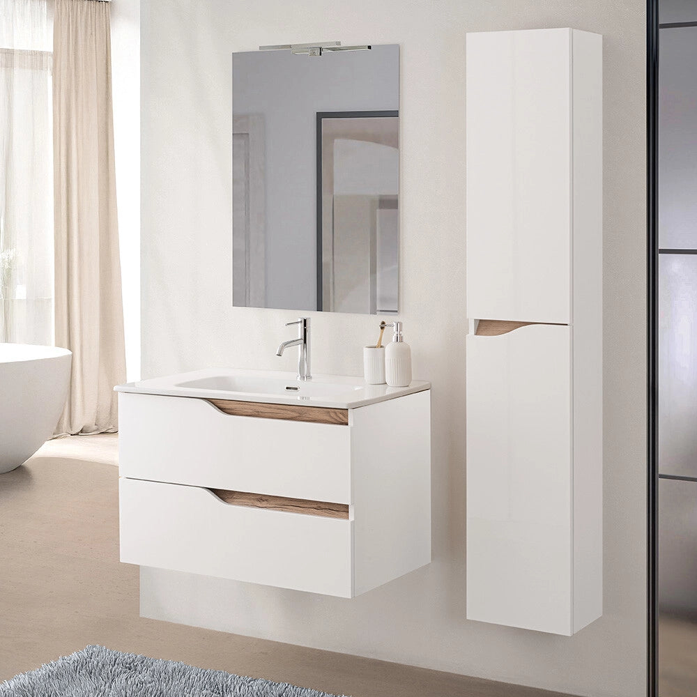 Mobile bagno sospeso 60 cm effetto bianco e quercia con pensile e lavabo Sumya