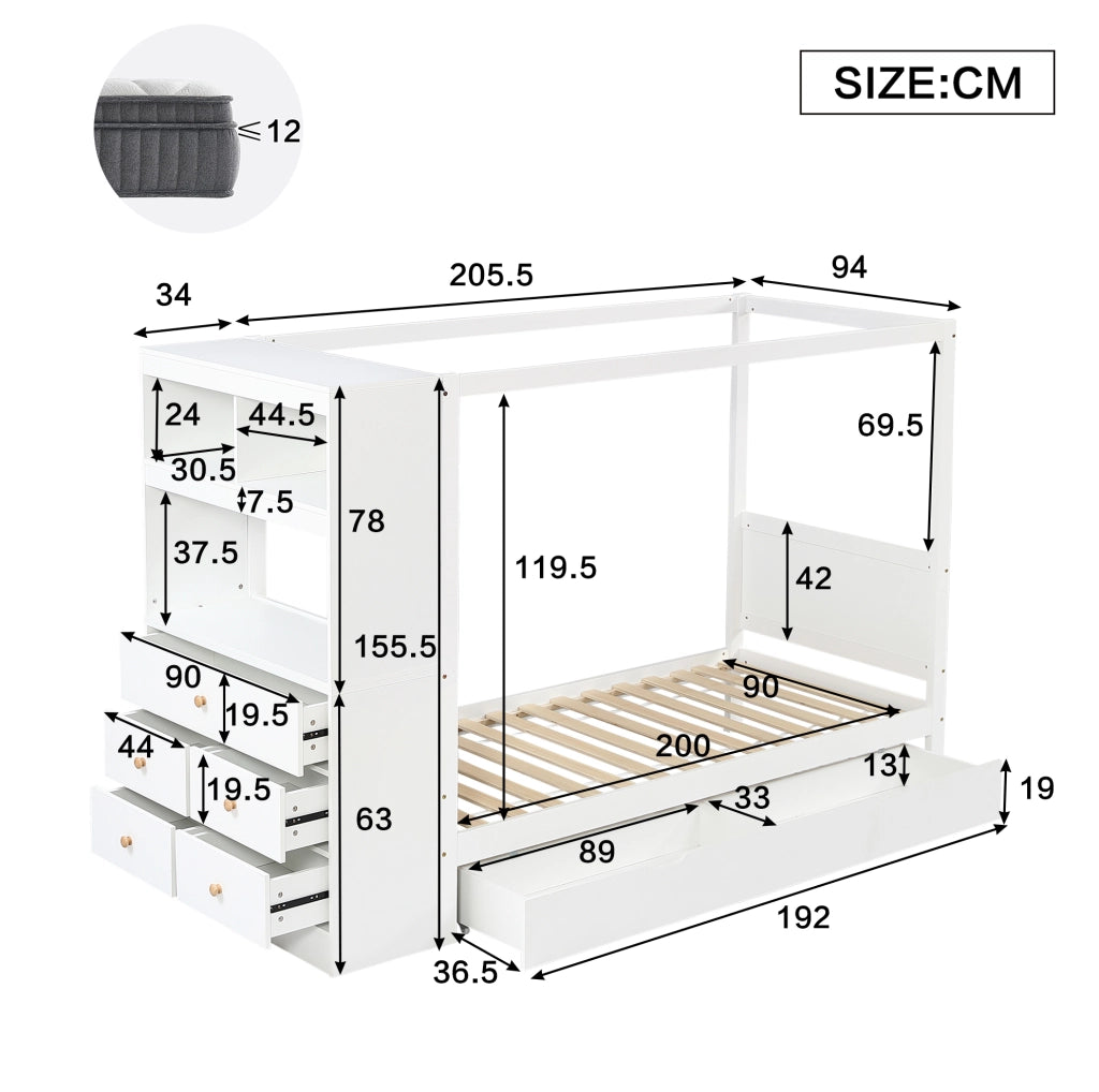 Letto singolo per bambini con contenitore laterale e 5 cassetti 90x200 cm