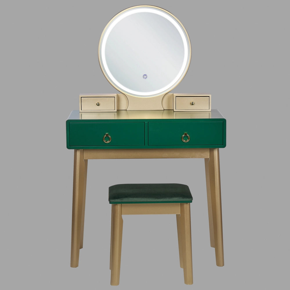 Toeletta in legno MDF e poliestere verde e dorata con sgabello e specchio LED camera da letto soggiorno