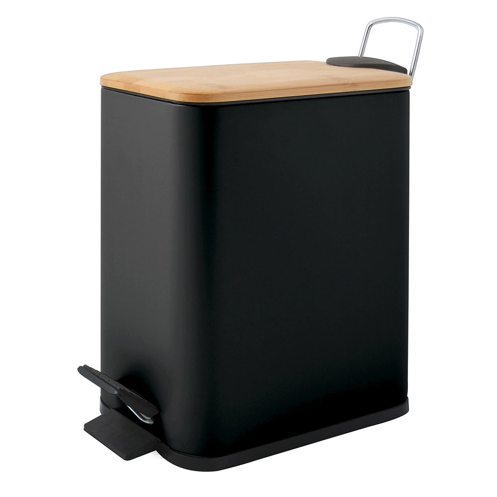 Pattumiera bagno 5 Lt in acciaio con coperchio in bambù nera con apertura a pedale Rexa