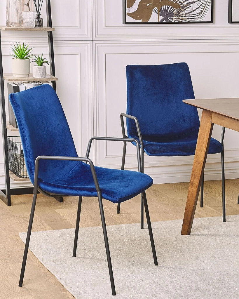 Set di 2 sedie da pranzo in velluto blu scuro con braccioli impilabili sala da pranzo ufficio sala conferenze