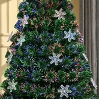 Albero di Natale Artificiale 150cm con Fibre Ottiche e 21 Luci LED, Decorazioni a Forma di Fiocco di Neve, Verde