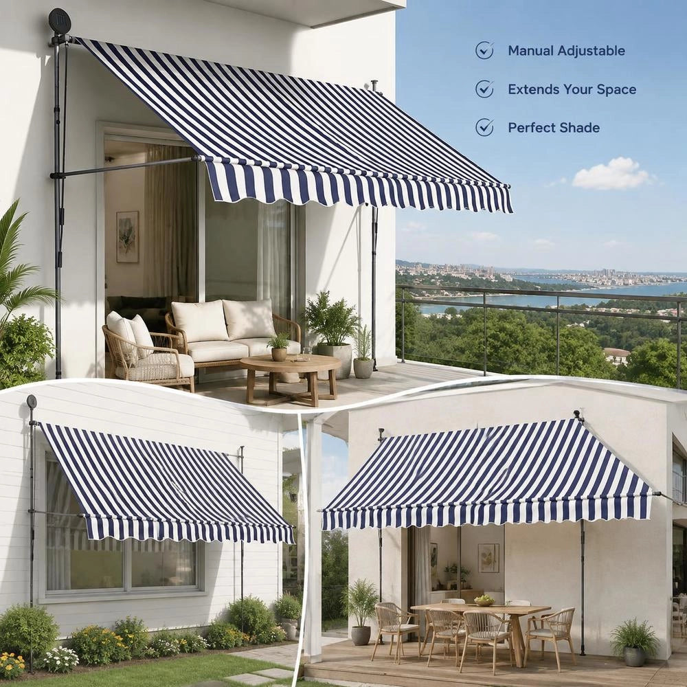 Retractable Awning, Manually Operated, With LED, 300 Cm, Blue And White