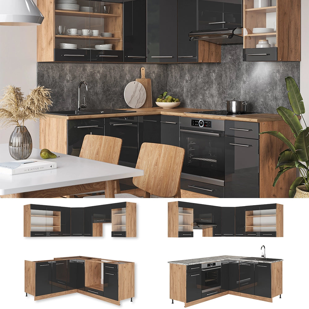 Vicco Cucina angolare completa Antracite lucido/oro power oak 160 x 190 cm , PL Antracite