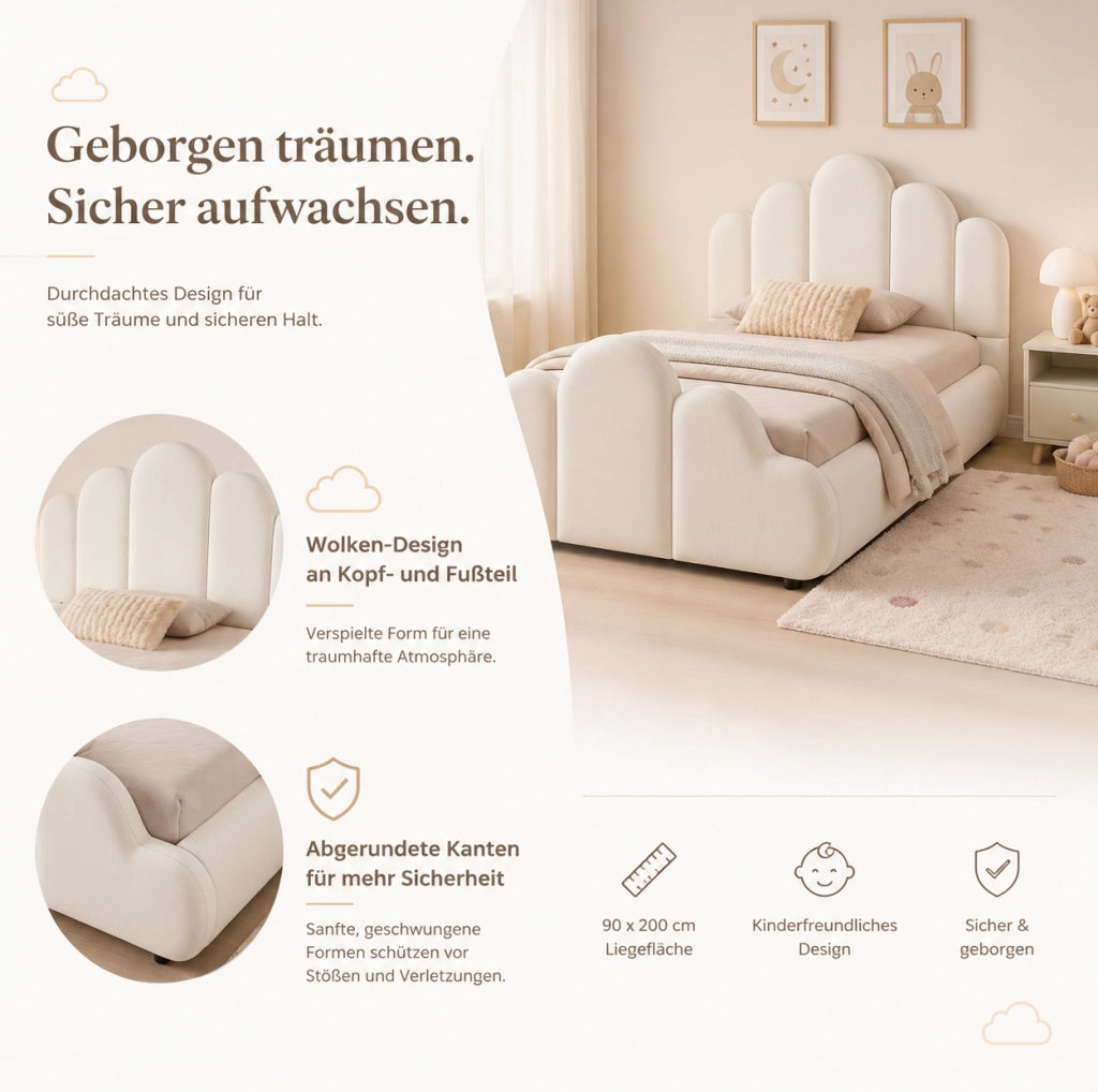 Letto singolo imbottito per bambini 90x200 cm in velluto beige con testiera arrotondata