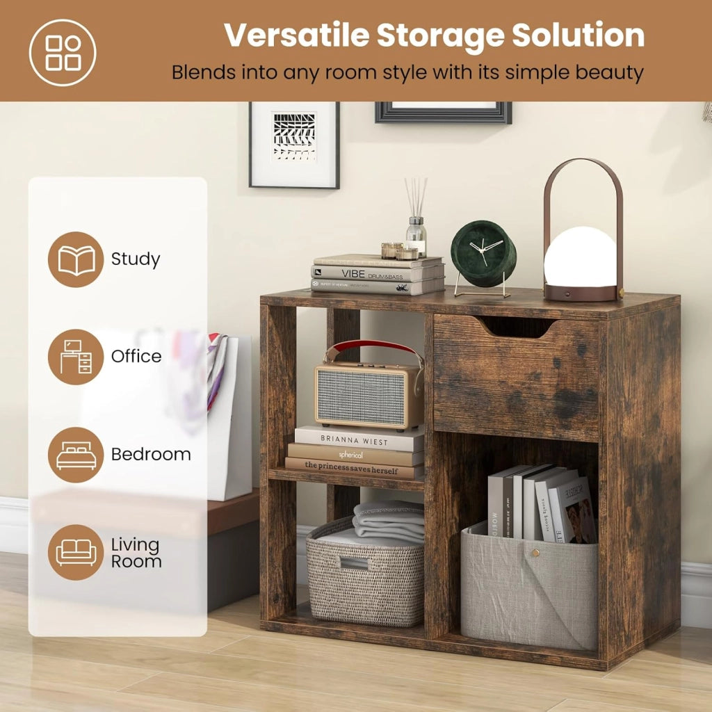 Libreria, scaffale con 1 cassetto e 3 cubi, 60 x 30 x 53 cm, scaffale a cubi autoportante per soggiorno, studio, ufficio (marrone)
