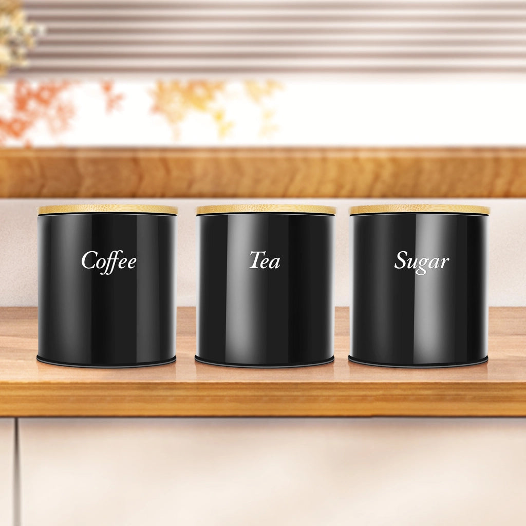 Insieme 3 Scatole in acciaio inox con coperchio in bambù per caffè, zucchero e tè Nero / Marrone Cheffinger