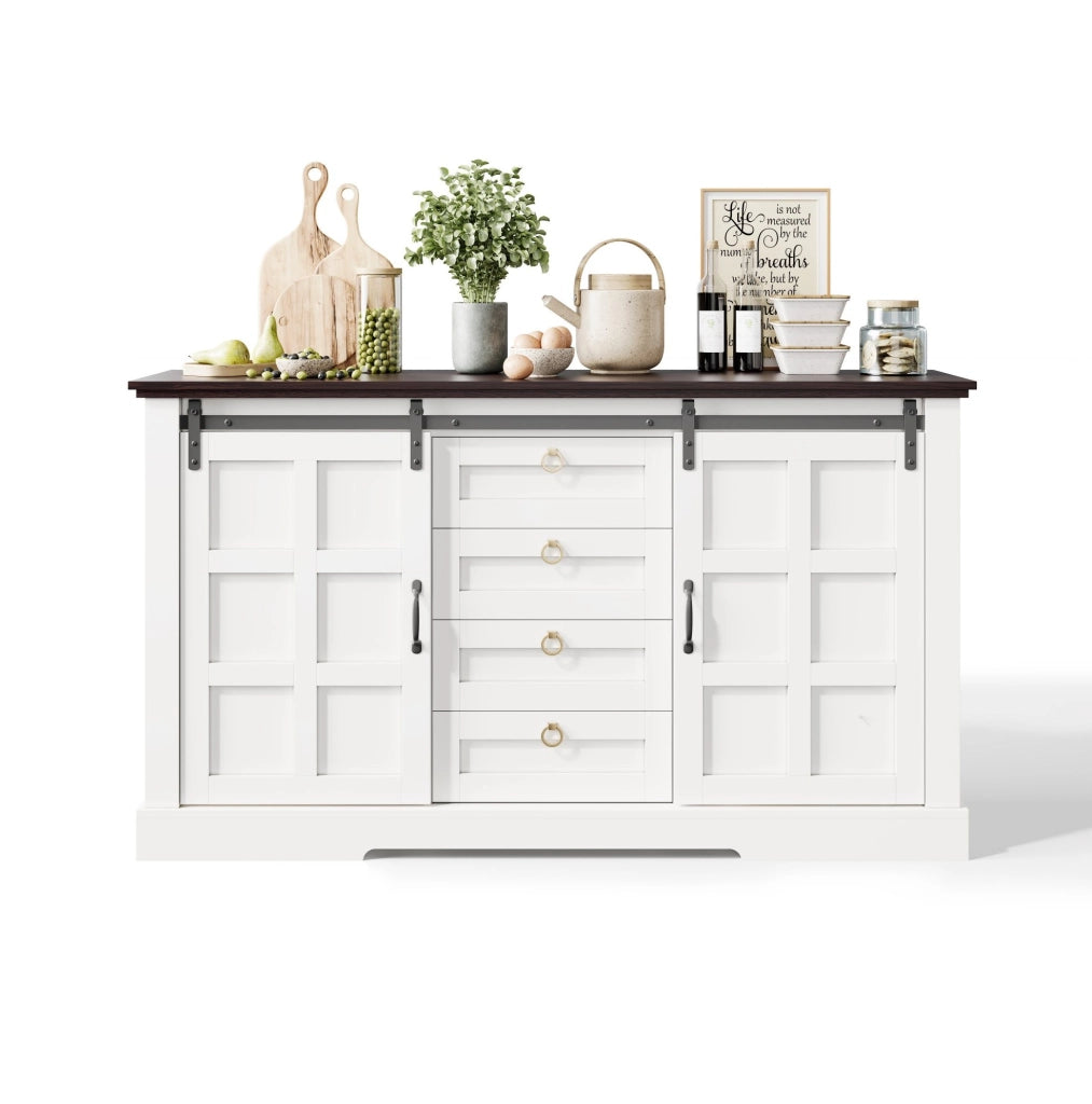 Credenza moderna e rustica 150 x 40 x 85 cm con ante scorrevoli; 4 cassetti; bianca in MDF