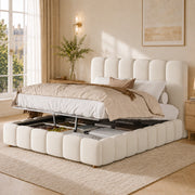 Letto imbottito con contenitore idraulico, 140x190 cm, velluto beige