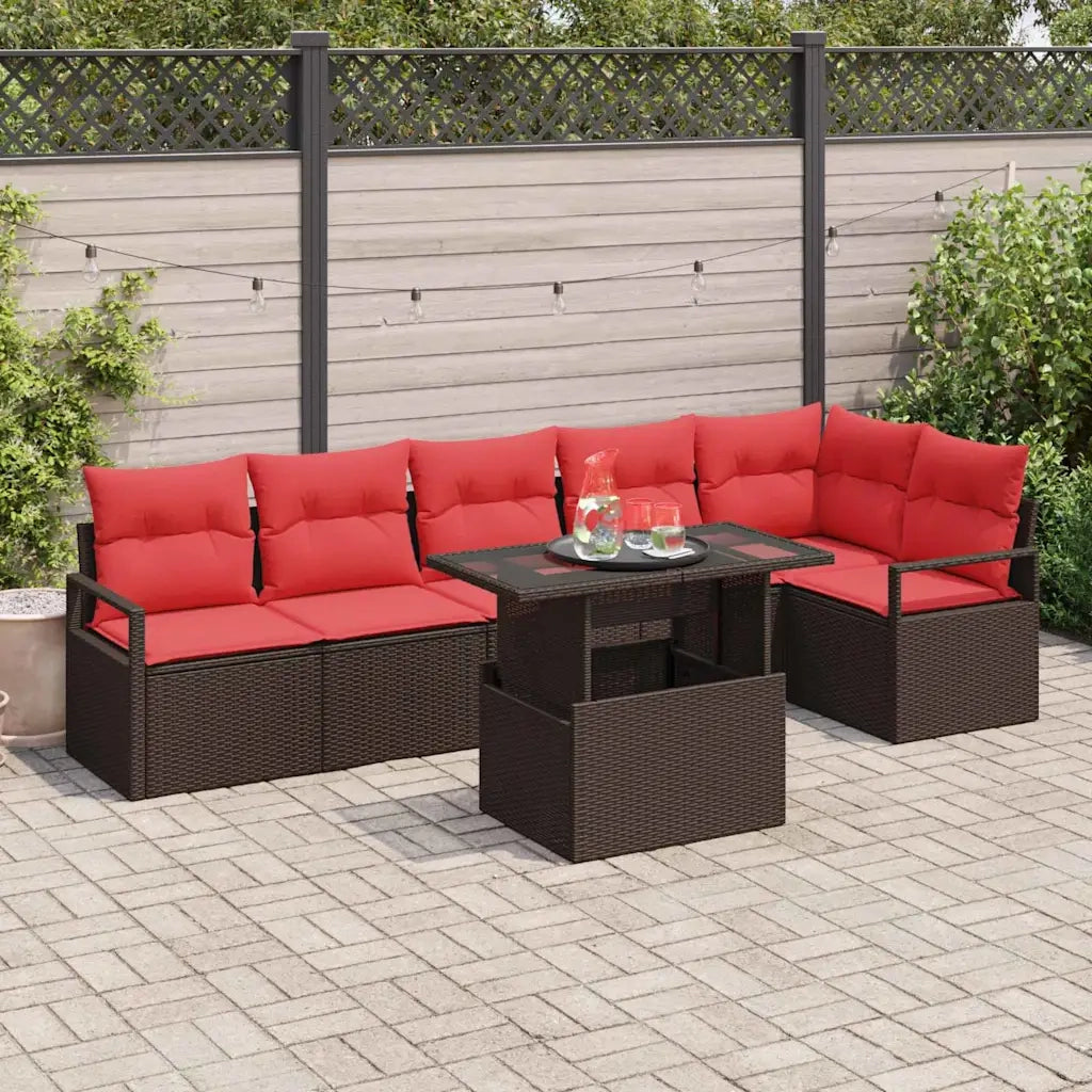 Set Divano da Giardino 7 pcs Marrone e Rosso polyrattan