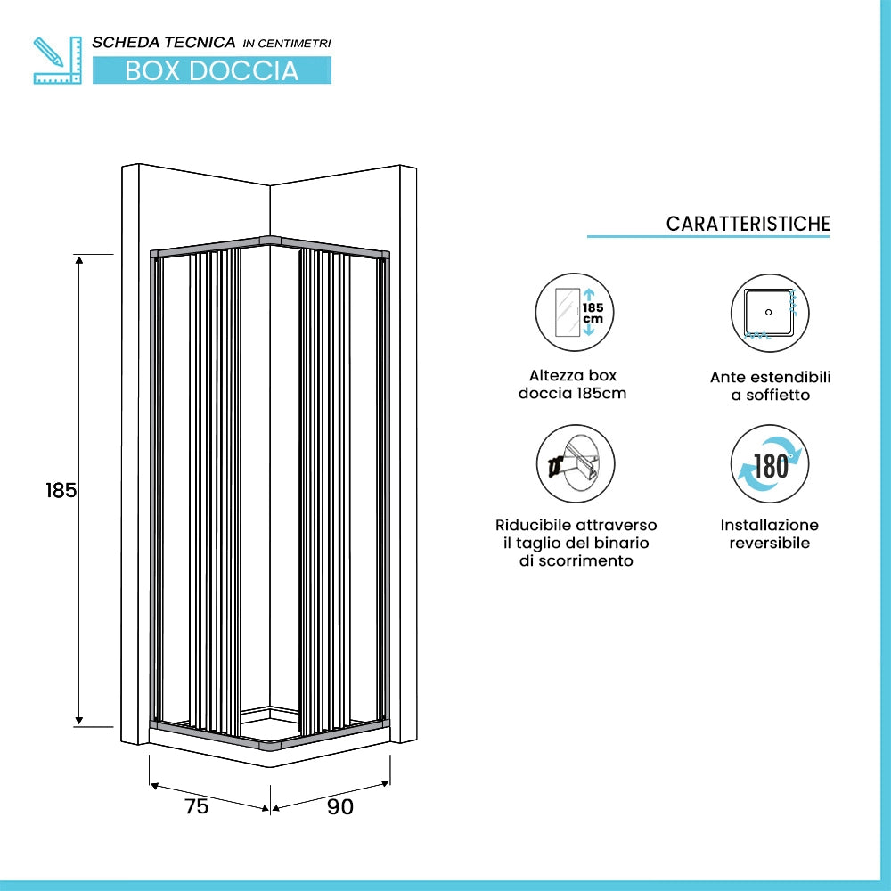 Box doccia angolare 75x90 a soffietto in PVC con apertura centrale Teti