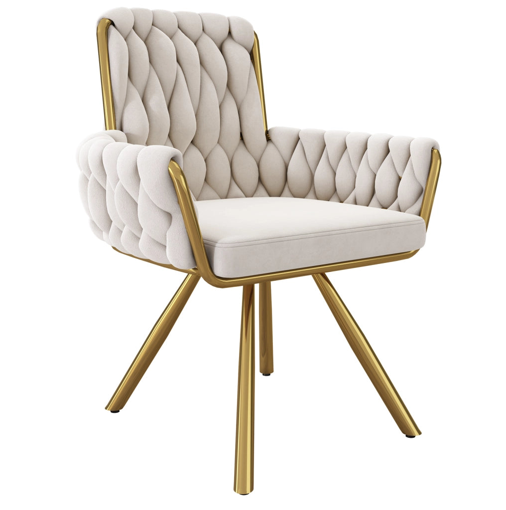 Set di 4 sedie girevoli in velluto beige con schienale alto e braccioli