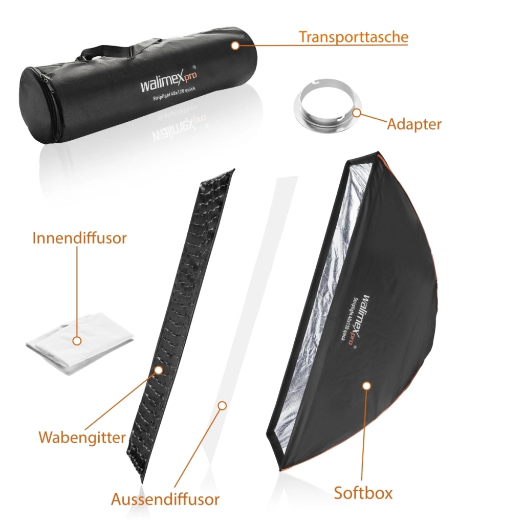 Studio Line Striplight SB QA per Elinchrom - softbox a luce radente, superficie 40x120cm, profondità 49,5cm, pieghevole, con griglia, diffusore interno ed esterno, speedring