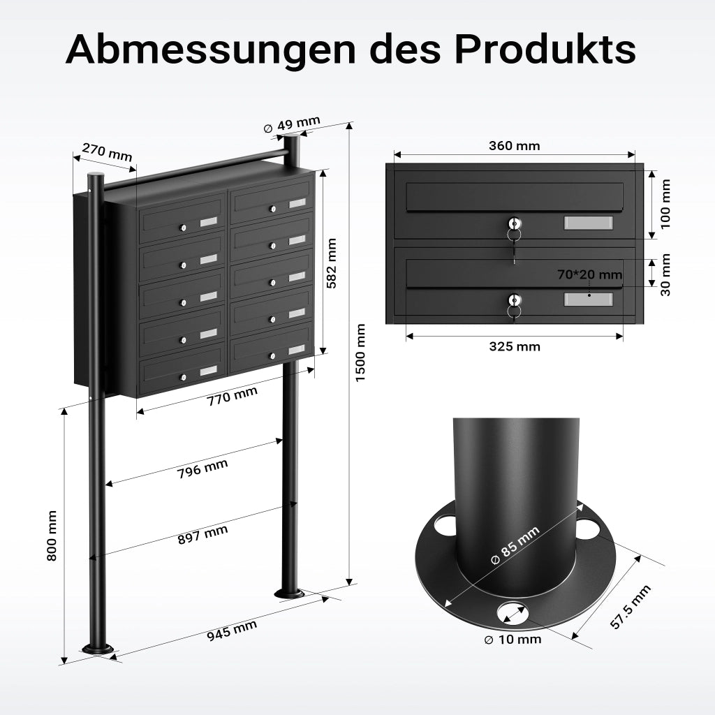 Cassetta postale condominiale autoportante, 10 posti, nero, 945 x 270 x 1500 mm 2 moduli