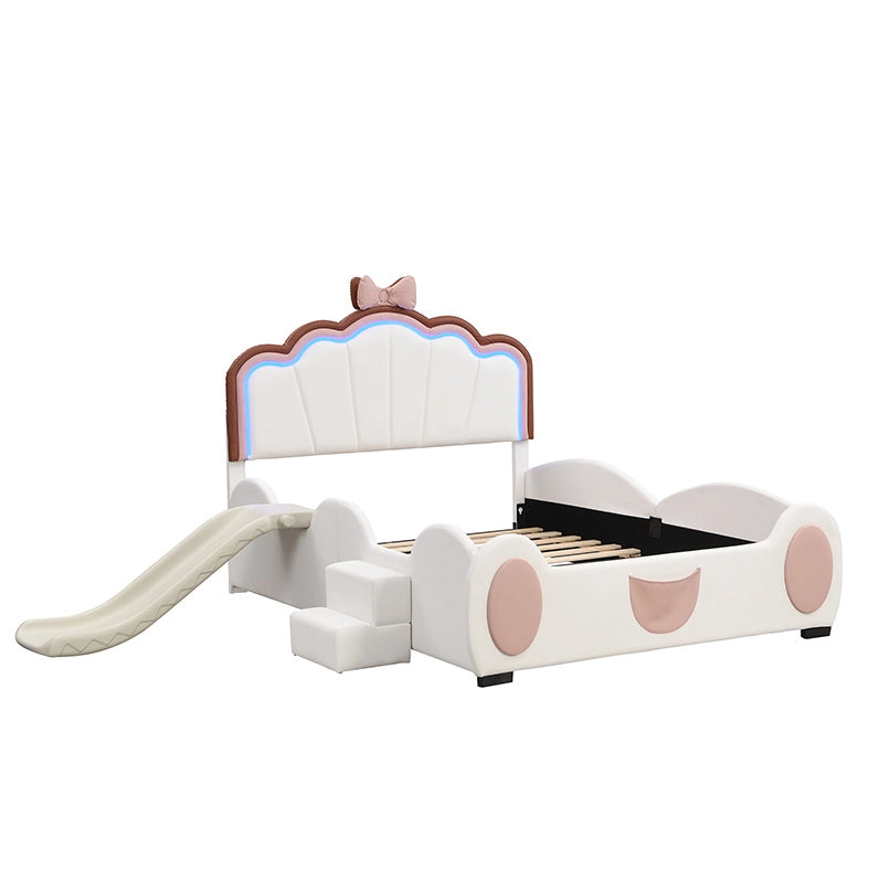 Letto bambino 140x200 cm a forma di farfalla con LED cambiacolore; PU rosa bianco