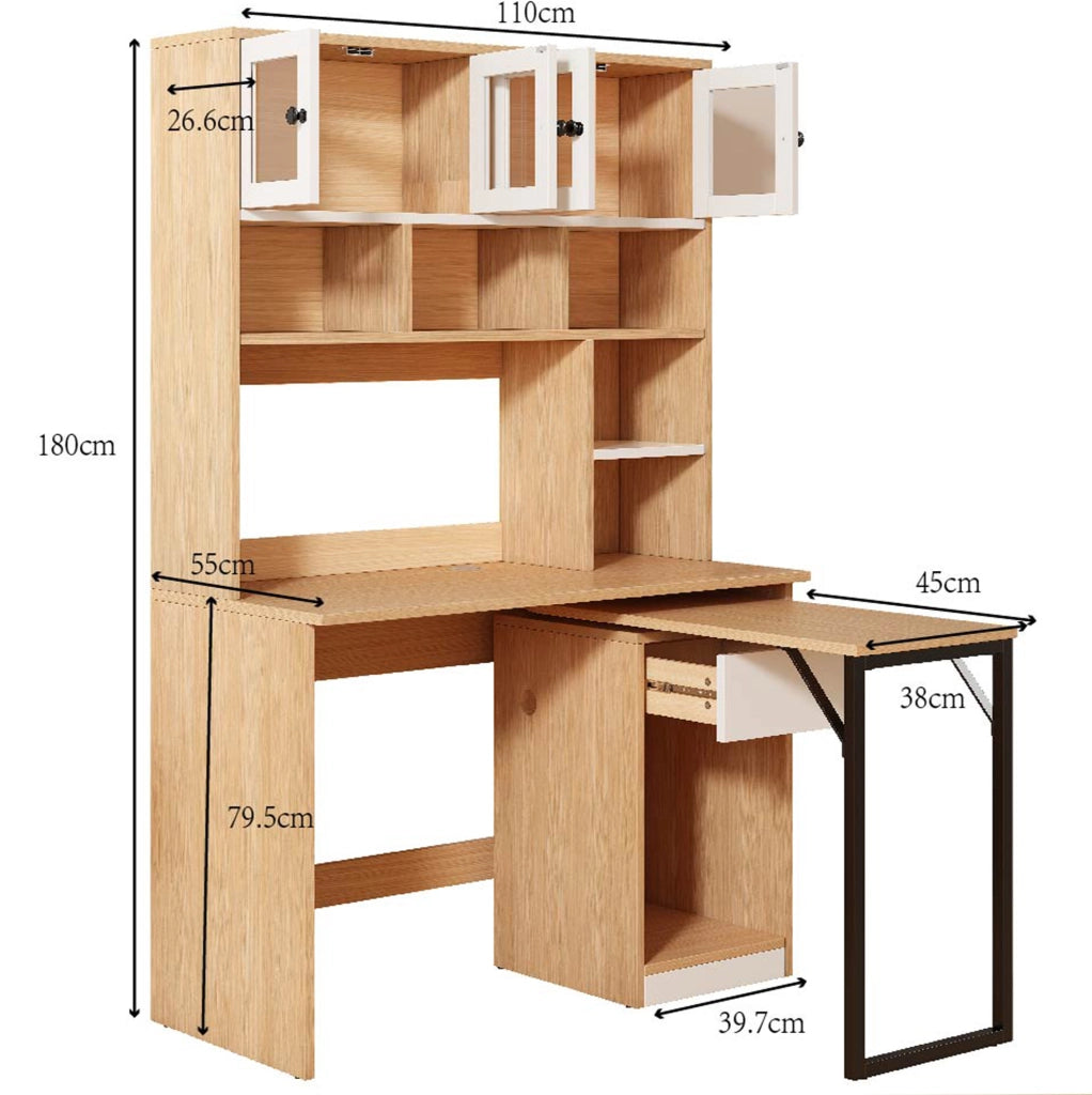 Scrivania con libreria e vano contenitore girevole 110x55x180 cm in MDF naturale e bianco