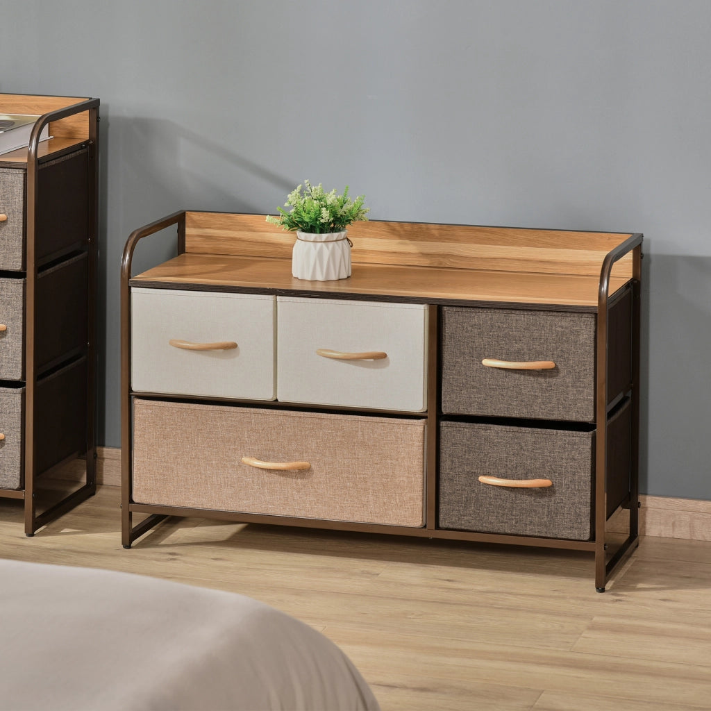 Cassettiera con 5 Cassetti in Tessuto ¨C Zephmum ¨C 87.5x29x58 cm Marrone e Beige
