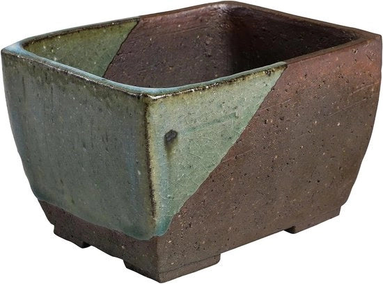Vaso Bonsai Manuale in Ceramica Quadrato con Fori di Scarico – 135 mm – Fatto in Giappone – Piccolo Vaso da Giardino Decorativo – Misto Cotto e Verde