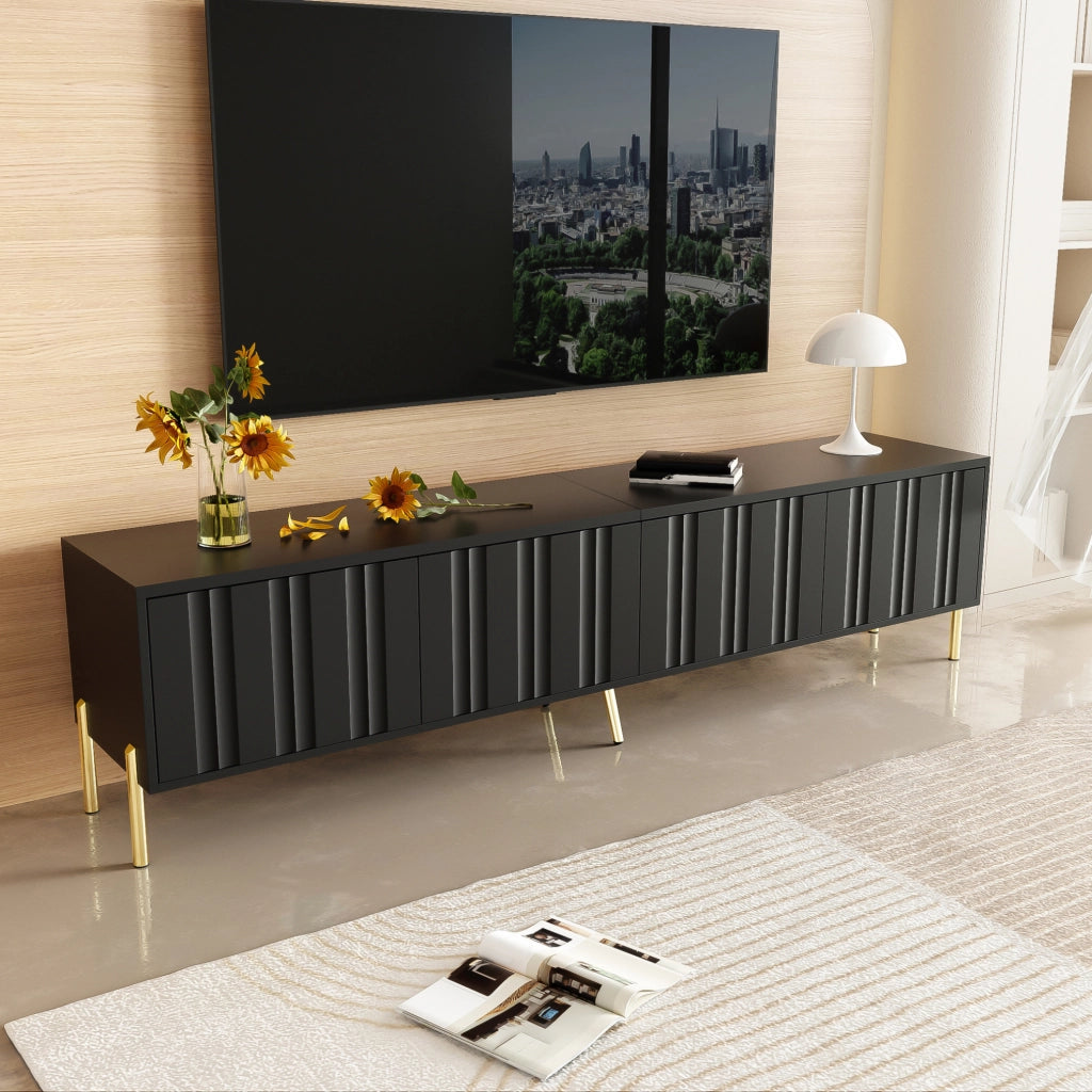 Mobile TV ULEVR 190x38x48 cm con 4 ante, 8 ripiani e gambe dorate, nero