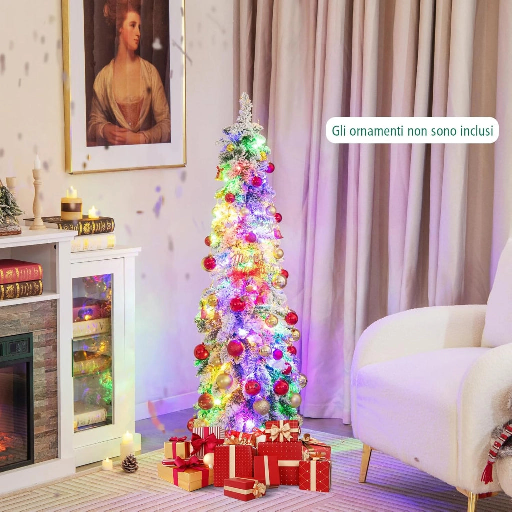 Albero di Natale Slim 120/150 CM, Albero di Natale Innevato con 225/334 Punte PVC, Timer, 100/150 Luci LED a 2 Colori e 11 Modalità di Illuminazione, Decorazione Natalizia Ideale (120 CM)