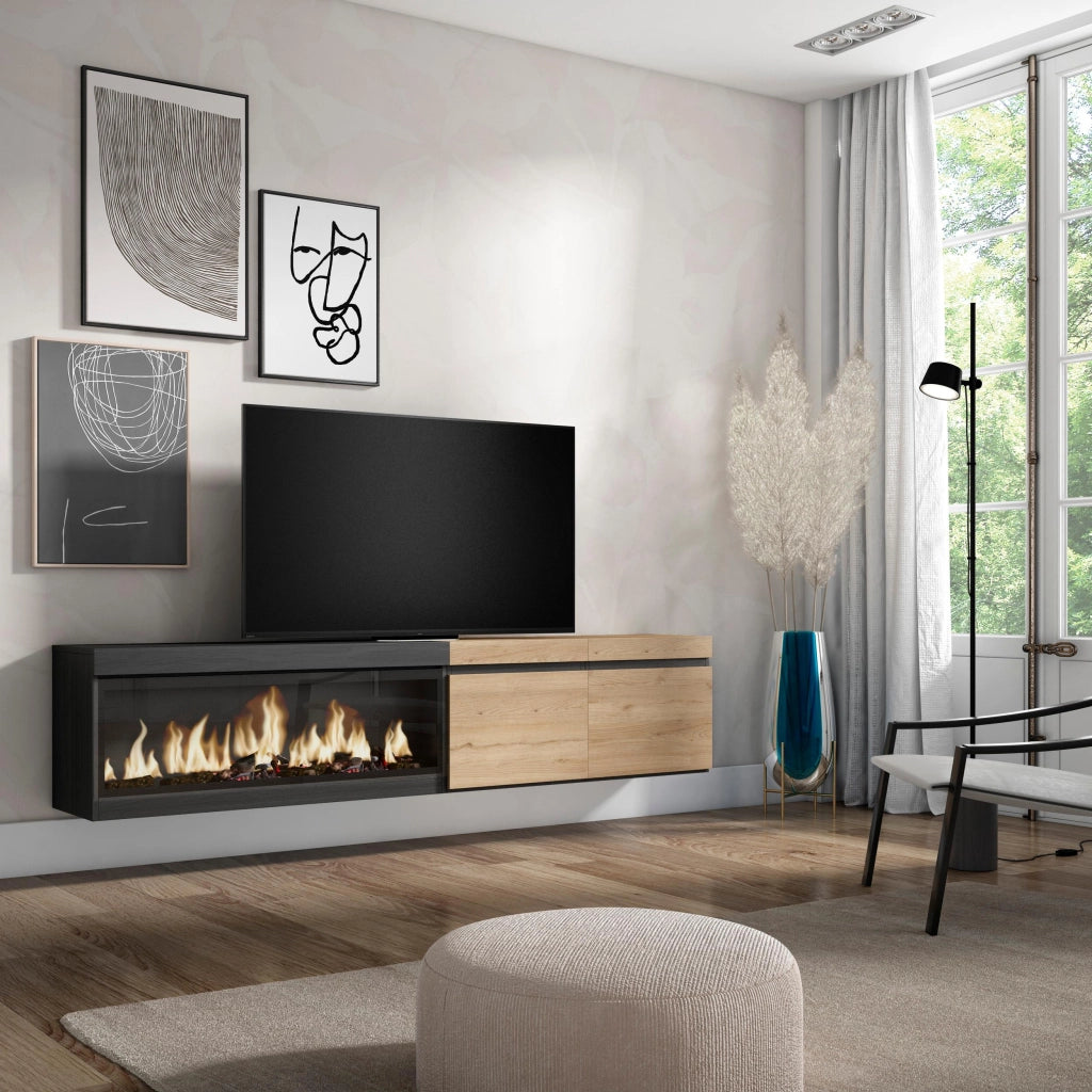 Mobile TV Soggiorno, 208x35x45cm, Per TV fino a 80", Camino elettrico XXL, da appendere, colore Rovere e nero RF3270