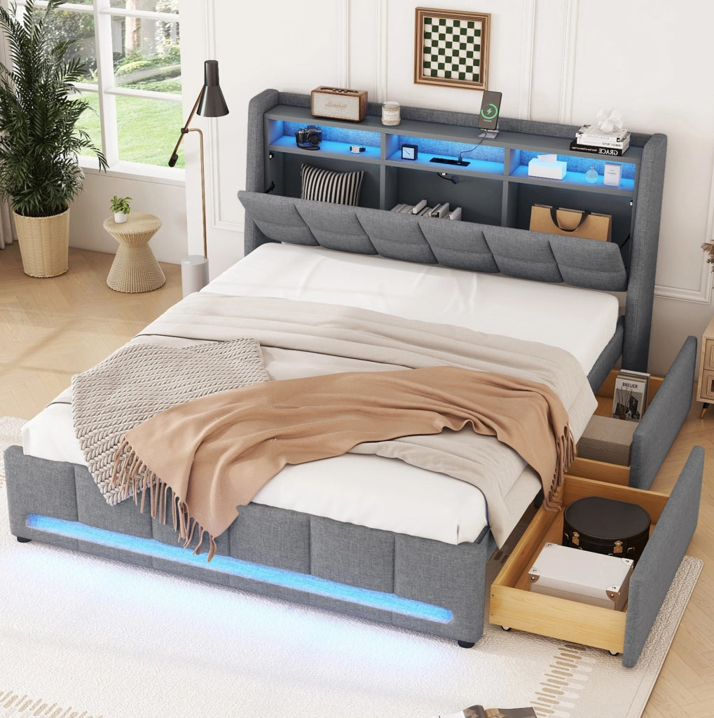 Letto imbottito 140x200 cm con LED APP; cassetti e USB in lino grigio