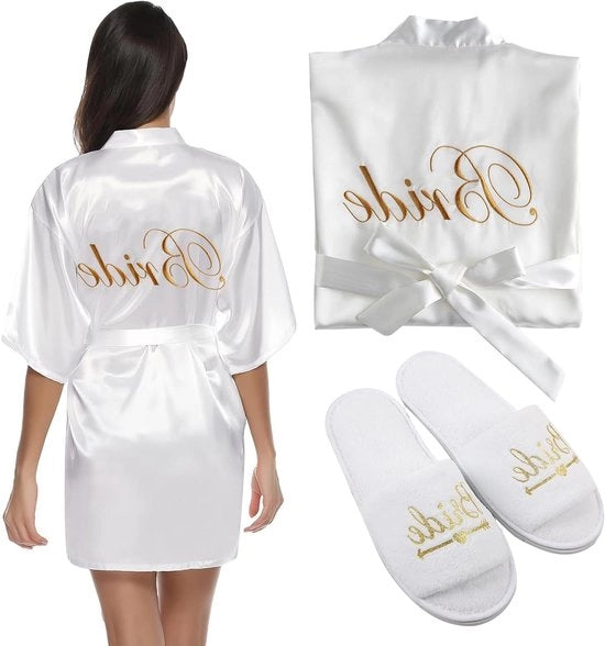 Kimono da Sera in Satin per Matrimonio e Festa in Pajama - Bianco - Taglia L - Inclusi Pantofole Antiscivolo - Dimensioni Grandi