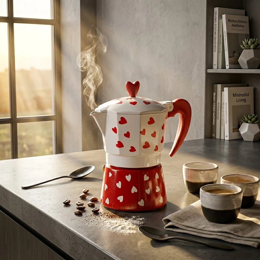 Caffettiera Moka Caffè 3 Tazze in Alluminio Bianca e Rossa con Cuori, Manico Ergonomico
