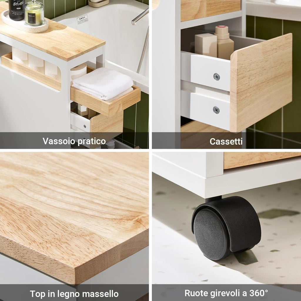Mobile Bagno, Mobile Salvaspazio con 3 Cassetti, Ripiano in Legno e Rotelle – Mobiletti Stretti, Colonna Bagno da Terra, Struttura Resistente e Design Moderno BZR54-IV-WN