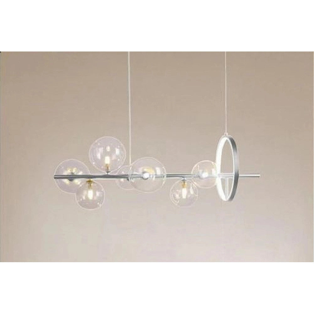 Trade Shop - Lampadario Moderno A Sospensione Argento 7 Sfere G9 Bolle In Vetro Con Cerchio 71690 -