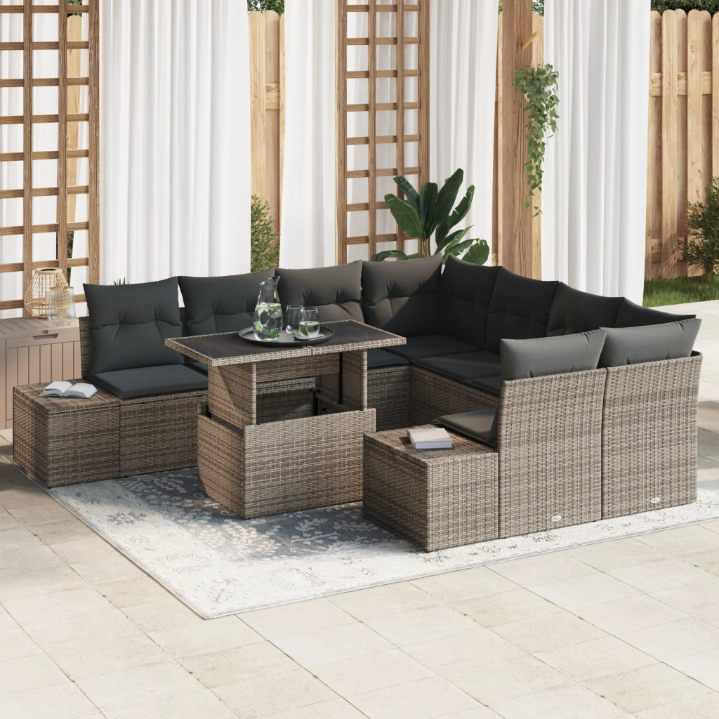 Set di divani da giardino 9 pezzi con cuscini grigi in Rattan