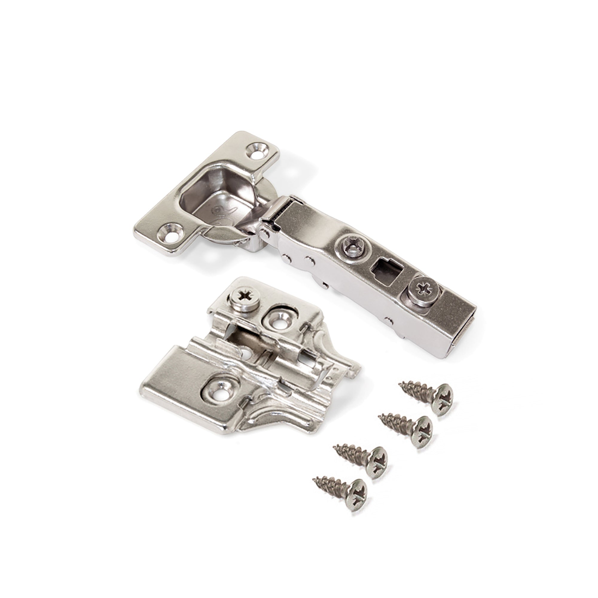 Emuca Kit cerniera collo dritto X91 con chiusura ammortizzata e basetta, basette per vite, Per vite, Nichelato, Acciaio, 20 u.