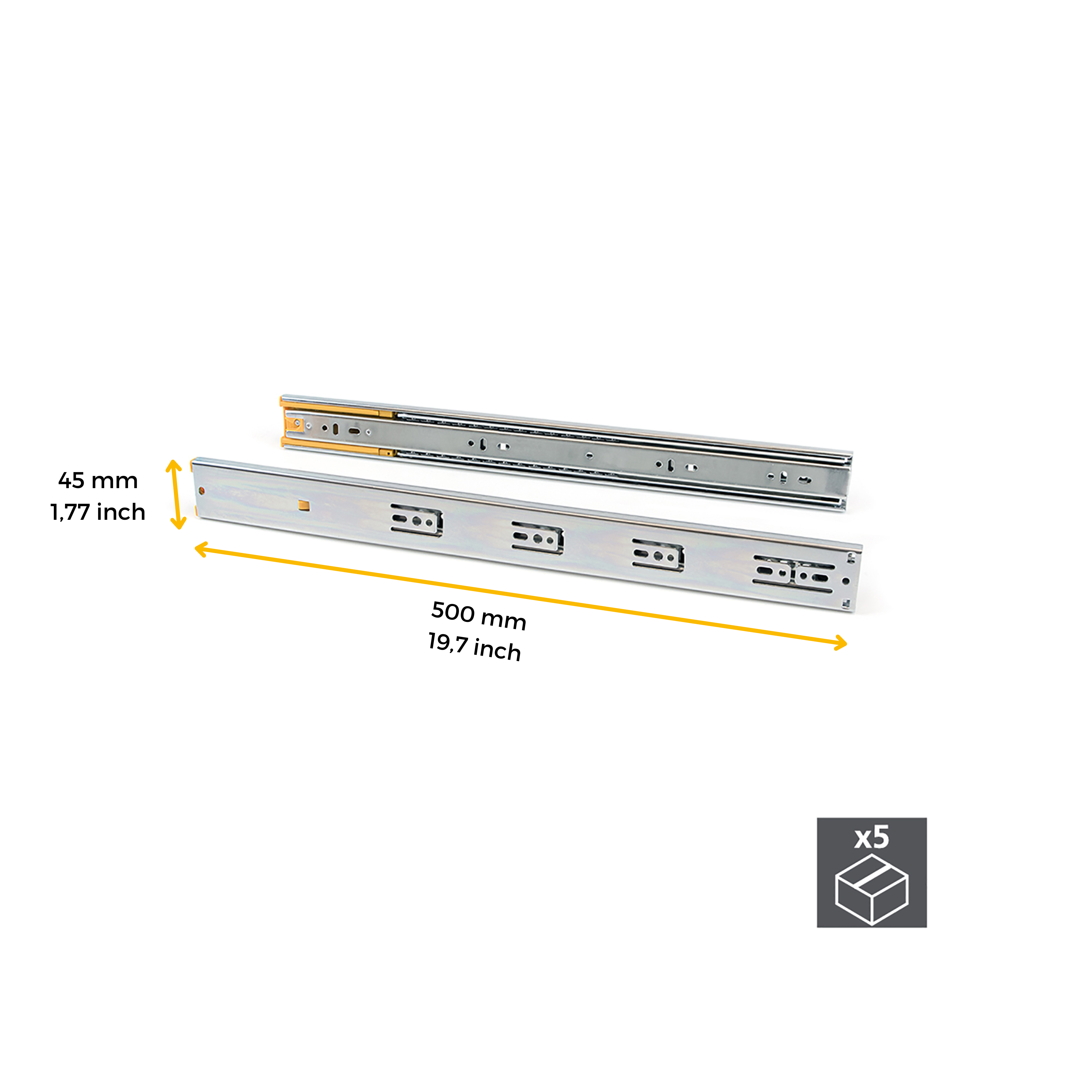 Emuca Kit guide per cassetti, a sfera, 45 x 500 mm, estrazione totale, chiusura soft, Zincato, 5 u.